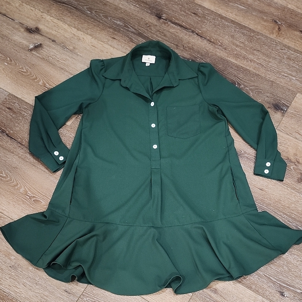 Tuckernuck Hunter Green Preppy Crepe Callahan Shirt Mini Dress Quiet Lux Ruffle - Picture 3 of 12